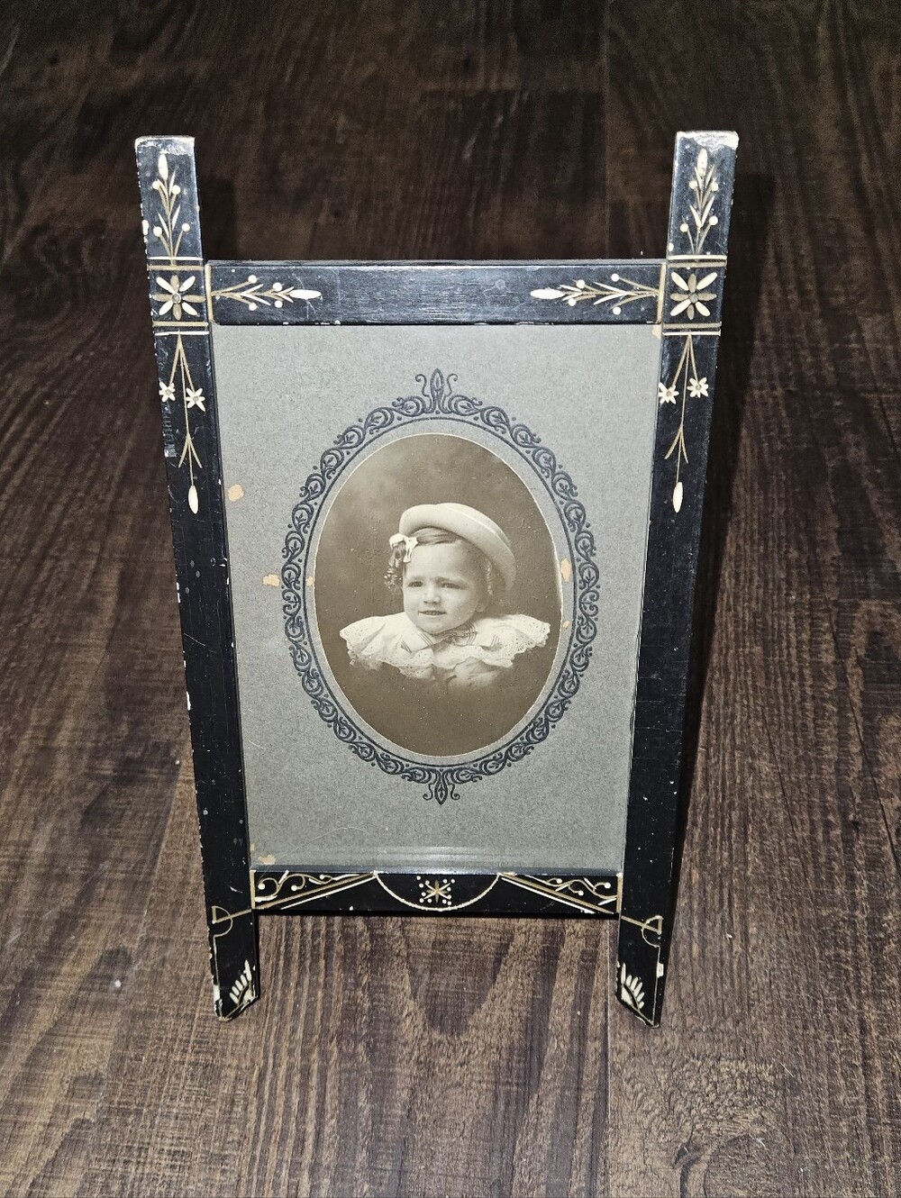 Antique Victorian Ebonized Wood Easel Picture Frame Hand Painted Child Portrait